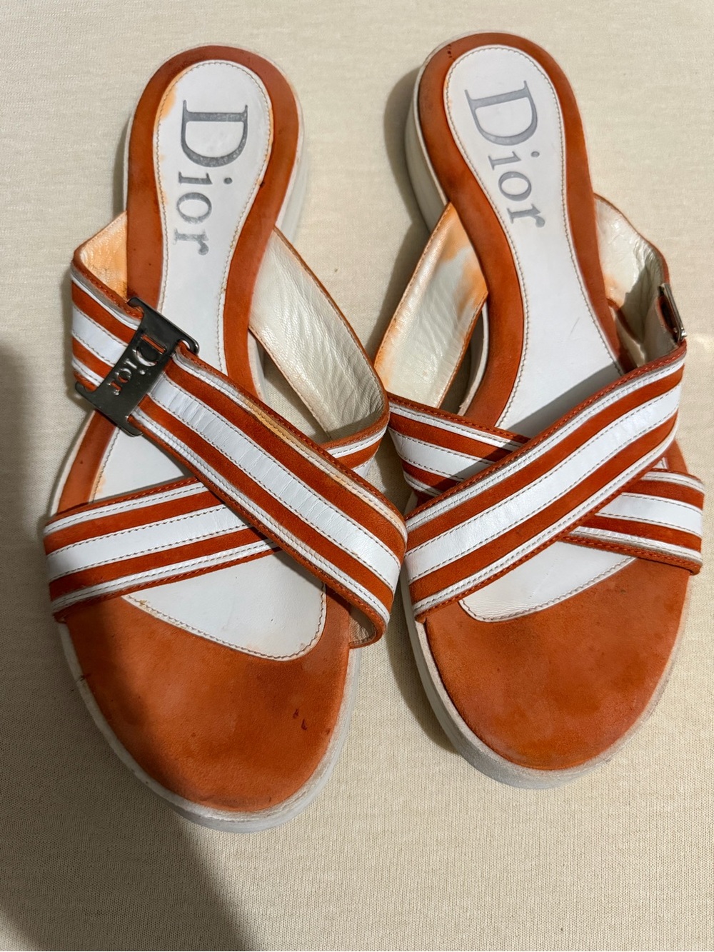 Dior Orange and White Crisscross Slip-On Mules